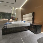 Soft Upholstered Bed with Embossed Brand Mark, Rich-Patterned Natural Wood Veneer Trim & Polished Gold Stainless Steel Accents